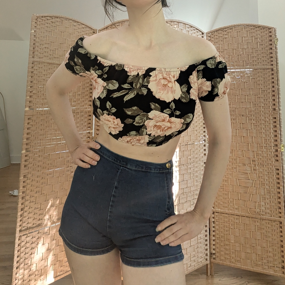 Reformation Black and Pink Floral Off-Shoulder Blouse